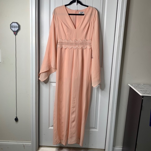 Lumier by Bariano tangerine peach Maxi Dress Formal Gown Lace Bell Sleeve Sz  12 - Picture 2 of 10